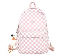 Cute Aesthetic Backpack Checkered Kawaii Backpack with Cute Pendant Checkerboard Casual Daypack College Laptop Bookbag, Pink, One Size, Daypack Backpacks