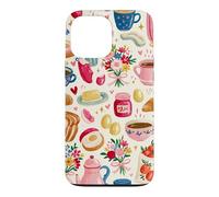 Cute Aesthetic Breakfast Croissant Flowers Pink Cozy Coffee Case for iPhone 13 Pro Max