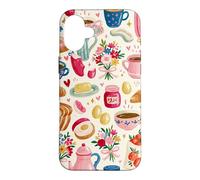 Cute Aesthetic Breakfast Croissant Flowers Pink Cozy Coffee Case for iPhone 16 Plus