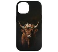 Cute Aesthetic Floral Crown Highland Cow Watercolor on Black Case for iPhone 14