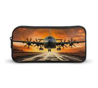 Cute Aesthetic Pencil Case - Military Plane Landing On Airforce Runways Against Beautiful DuSky Double Zipper Pen Bag for Women Big Capacity Pencil Pouch, Portable Makeup & Stationery Organizer for Of