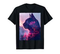 Cute Aesthetic Pink Floral Black Cat Mystical Purple Sunset T-Shirt
