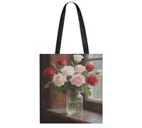 Cute Aesthetic Tote Bag for Women Lady Casual Roses Bloom Printed Shoulder Bag Big Capacity Reusable Grocery Bag Lightweight Medium Shopping Bag for Gym Travel Work