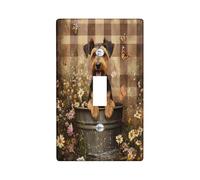 Cute Airedale Terrier Dog Decorative Light Switch Cover Plate 1 Gang Single Toggle, Farmhouse Plaid Flowers Electrical Switchplate, Puppy Faceplate for Kitchen Living Room Decor