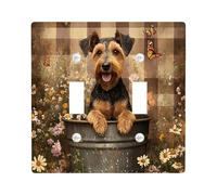 Cute Airedale Terrier Dog Decorative Light Switch Cover Plate 2 Gang Double Toggle, Farmhouse Plaid Flowers Electrical Switchplate, Puppy Faceplate for Kitchen Living Room Decor