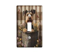 Cute Airedale Terrier Dog Decorative Light Switch Cover Wall Plate 1 Gang Single Toggle, Farmhouse Plaid Flowers Electrical Switchplate, Puppy Faceplate for Kitchen Living Room Decor