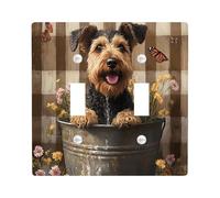 Cute Airedale Terrier Dog Decorative Light Switch Cover Wall Plate 2 Gang Double Toggle, Farmhouse Plaid Flowers Electrical Switchplate Puppy Faceplate for Kitchen Living Room Decor