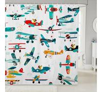 Cute Airplane Shower Curtain Kids Boys Cartoon Plane Bathroom Curtain Colorful Aviation Aircraft Waterproof Curtain Graffiti Star Lines White Bath Curtain Teens Bathtub Decor,12 Hooks,72" Wx78 L