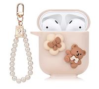 Cute AirPod Case Cartoon Lovely Bear Design with Pearl Chain Soft Protective Cover Compatible with AirPods 2 & 1 Generation for Women and Girls (Brown)