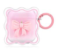 Cute AirPod Case with Keychain Pink Bow Clear Gradient Design Wavy Border Protective Soft Cover Compatiable with AirPods 1st & 2nd Generation for Women and Girls