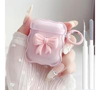 Cute AirPods 2/1 Generation Clear Case, Girly 3D Bow Design Soft TPU Protective Shockproof Kawaii Apple iPod 2nd/1st Generation Cover with Cleaner Kit & Keychain Girls Women - Pink Bow