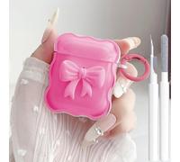 Cute AirPods 2/1 Generation Clear Case, Girly 3D Bow Design Soft TPU Protective Shockproof Kawaii Apple iPod 2nd/1st Generation Cover with Cleaner Kit & Keychain Girls Women - Rosered