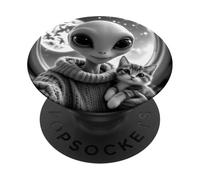 Cute Alien Selfie With Cat, UFO & Earth Photo PopSockets Adhesive PopGrip