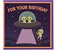 Cute Alien UFO Birthday Card - For Your Birthday, Space Night Sky with Party Hat Aliens and Purple Beam, Fun Kids and Adults Design