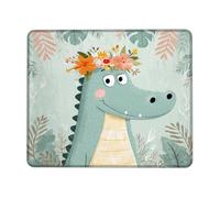 Cute Alligator Floral Mouse Pad, Green Cartoon Crocodile Design, Stitched Edge Non-Slip Mousepad for Kids Room, Office and Home, Fun Washable Gaming Accessory Square 8x10 Inch