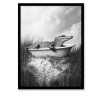 Cute Alligator in Bathtub Black White Fun Cheeky Framed Art Print Artery8 Grey W12 inch x H16 inch