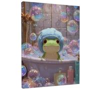 Cute Amphibian Bubble Bath Canvas Wall Art, Green Blue Fun Animal Poster Prints, Playful Bath Wall Decor for Living Room, Bedroom, Bathroom, Kids Room, Wrapped Canvas 12x16 Inch
