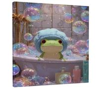 Cute Amphibian Bubble Bath Canvas Wall Art, Green Blue Fun Animal Poster Prints, Playful Bath Wall Decor for Living Room, Bedroom, Bathroom, Kids Room, Wrapped Canvas 12x12 Inch