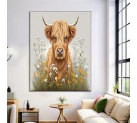 Cute And Charming Wall Art Decor, Light Brown Wall Art, Waterproof Canvas Wall Art Highland Cattle Wildflowers Prints for Living Room Bedroom Bathroom, 39 x 28 in, Unframed