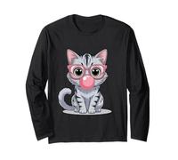 Cute and Funny Cat Pink Sunglasses and Blowing Bubble Gum Long Sleeve T-Shirt