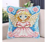Cute Angel Girl with Wing DIY Latch Hook Kits Pillow with Printed Canvas Handmade Cushion Crochet Yarn Embroidery Hook and Latch Kit Pillowcase Christmas Decor 43x43cm