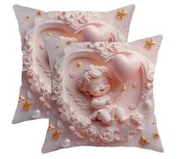 Cute Angel Pillow Covers Set of 2, Peach Heart Balloon Decorative Throw Cushions for Kids Bedroom Home Decor, Valentine’s Day Gifts 16x16 Inch