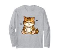 Cute Angry Cat Drinking Coffee Tabby Cat Morning Mood Meme Long Sleeve T-Shirt
