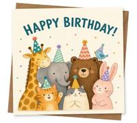 Cute Animal Birthday Card for Kids, Happy Birthday Party Animals Design with Giraffe, Elephant, Bear, Cat, Rabbit and Bird