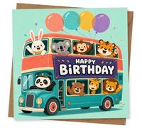 Cute Animal Bus Happy Birthday Card for Kids, Bunny, Koala, Monkey, Tiger, Panda, Bear, Giraffe and Lion Design