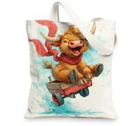 Cute Animal Canvas Tote Bags, Cow Design Reusable Grocery Bags, Fun Lightweight Washable Shoulder Strap Canvas Bags for Tra, White, 13x15 Inch