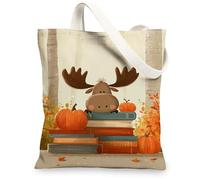 Cute Animal Canvas Tote Bags, Moose and Pumpkin Design Reusable Grocery Bags, Lightweight Washable Shoulder Strap Canvas Bags for Travel Beach 13x15 Inch