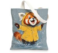Cute Animal Canvas Tote Bags, Playful Red Panda Design Reusable Shopping Bags, Lightweight Washable Shoulder Strap Tote for, Gray, 13x15 Inch