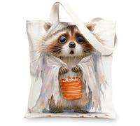 Cute Animal Canvas Tote Bags, Raccoon Design Reusable Shopping Bags, Fun Lightweight Washable Shoulder Strap Bags for Gym Travel Beach Picnic 13x15 Inch