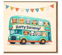 Cute Animal Double-Decker Bus Happy Birthday Card for Kids - Bunting Design with Bear, Fox, Cat, Rabbit, Panda and Friends - Fun Children's Birthday Greeting Card with Envelope