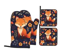 Cute Animal Fox Flower Oven Mitts And Pot Holders 4 Pcs Set - Anti-Skid Oven Gloves, Insulated Microwave Oven Mitts And Cooking Mitts For Kitchen Baking Bbq Grilling