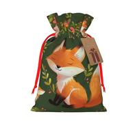 Cute Animal Fox Flower Printed Christmas Drawstring Gift Bags-Xmas Wrapping Bags,Candy Bag,For Holiday Party Decorations,Wedding Party Supplies S Red Ribbon