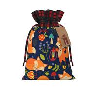 Cute Animal Fox Flower Printing Color Matching Plaid Christmas Bag With Drawstring,4.7x6.9 In For Christmas Halloween