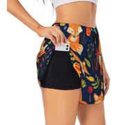 Cute Animal Fox Flower Women's Running Shorts with Liner 3 Zipper Pockets Elastic Workout Athletic Gym Yoga Shorts Black