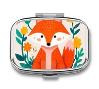 Cute Animal Fox Flowers Pill Box 2 Compartment Portable Pill Case Daily Square Pill Organizer for Pocket Purse Daily Medicine Container to Hold Vitamins Fish Oil Travel Gifts