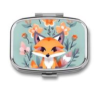 Cute Animal Fox Flowers Pill Box - 2 Compartment Travel Pill Organizer with Small Mirror, Portable Pillcase for Pocket & Purse, Cute Square Medicine Case, Weekly Medicine Container