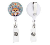 Cute Animal Fox Flowers Retractable Badge Reel - Personalized ID Name Badge Holder with Lanyard Cute Badges Reel Holder Round Nurse Doctor Name Tag Badges Clip for Work