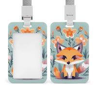 Cute Animal Fox Flowers Retractable ID Badge Holder with Lanyard - Vertical Badge Reel,Keychain Clip,Name Tag Id Card Holder Protector for Nurse Officer Teacher Security Staff Women Men