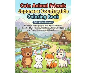 Cute Animal Friends Japanese Countryside Coloring Book: 50 Easy Coloring Pages with Kawaii Animals, Gassho-Style Houses, Rice Fields, Rivers, Bridges, and Peaceful Japanese Village Scenes