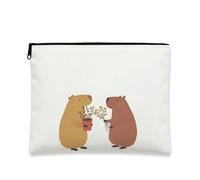 Cute Animal Makeup Bag, Capybara Friends Floral Cosmetic Travel Pouch for Women, Portable Small Canvas Zipper Organizer, Gift for Spring Festivals, White, 7x9 Inch, Capybaras
