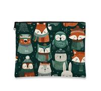 Cute Animal Makeup Bag, Forest Friends Cosmetic Travel Pouch for Women, Portable Small Canvas Zipper Organizer, Winter Holiday Toiletry Bag, Green, 7x9 Inch, Animals