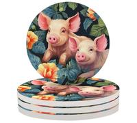 Cute Animal Pig Flower Coasters for Drinks Set of 4, Absorbent Ceramic Drink Coasters with Cork Base, 4 Inch Round Cup Coaster for Coffee Tea Glasses Table Protection