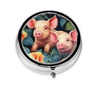 Cute Animal Pig Flower Round Pill Box with 3 Compartments, Mini Metal Pill Organizer for Purse or Pocket, Lightweight Portable for Daily Use Gifts Travel