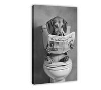 Cute Animal Poster Canvas Wall Art Funny Animal Black And White Dachshund Reading Newspaper on Toilet (3) Wall Decor for Kids Bedroom Decor Frame 12x18inch(30x45cm)