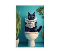 Cute Animal Poster Canvas Wall Art Funny Animal Black Cat Toilet Art Print, Cat with Newspaper Wall Decor for Kids Bedroom Decor Unframe 12x18inch(30x45cm)
