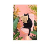 Cute Animal Poster Canvas Wall Art Funny Animal Black Cat Toilet Cat with Newspaper Wall Decor for Kids Bedroom Decor Unframe 12x18inch(30x45cm)